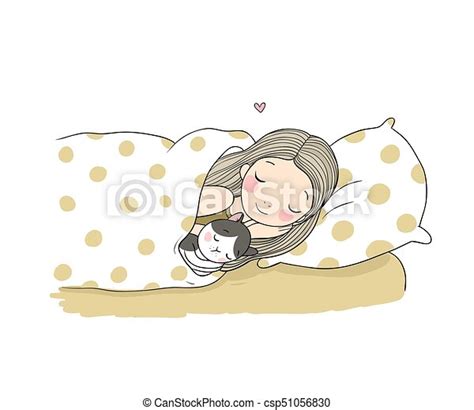 Sleeping Girl And Cat In Bed Good Night Sweet Dreams Vector Illustration Bed Time Isolated