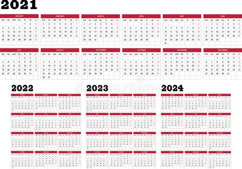 Calendar Year 2021 2022 2023 2024 Stock Vector Illustration Of Month