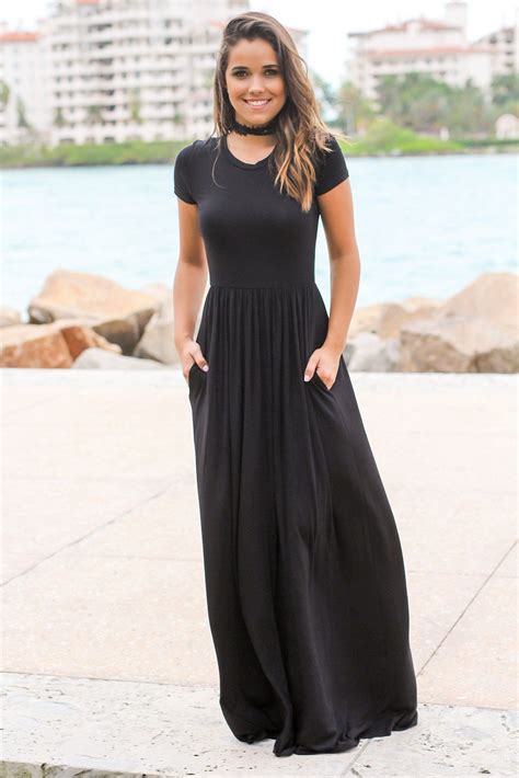Black Short Sleeve Maxi Dress With Pockets Maxi Dress Maxi Dresses Uk Maxi Dress With Sleeves
