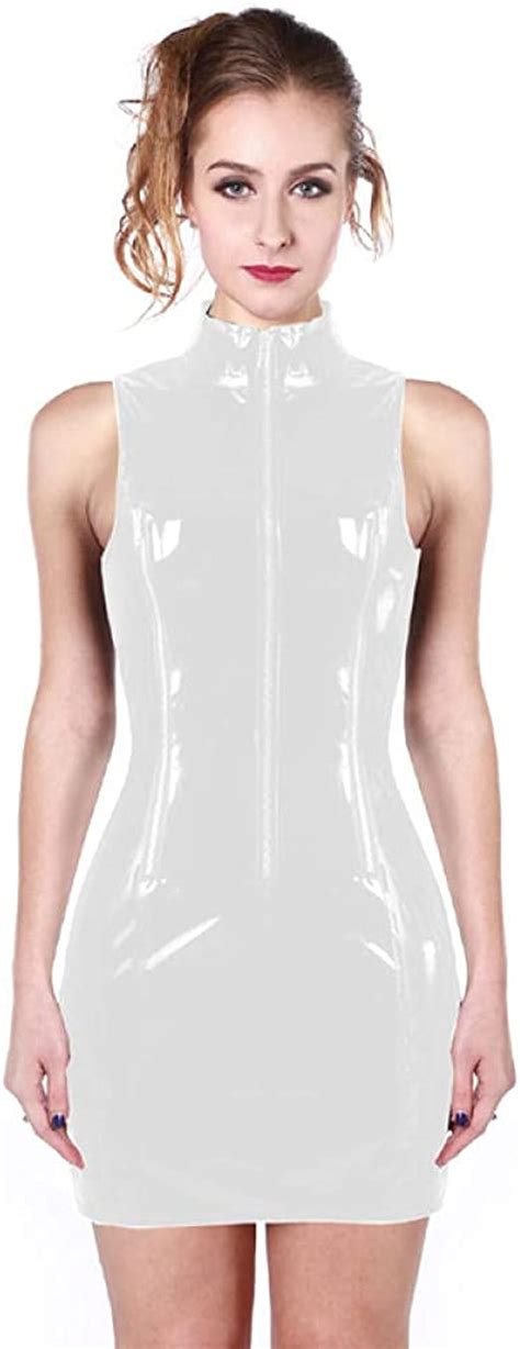 Plus Size Womens Wet Look High Collar Pvc Glossy Dress Zippers Sleeveless Bodycon Mini Dresses