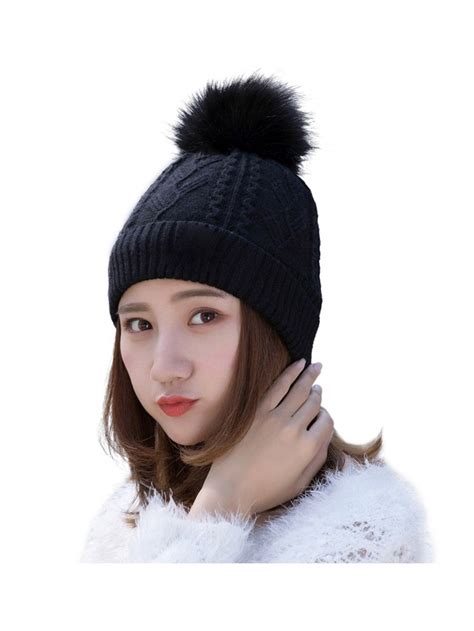 Womens Beanie With Pom Pom Winter Hats Knitted Ski Wool Knit Warm