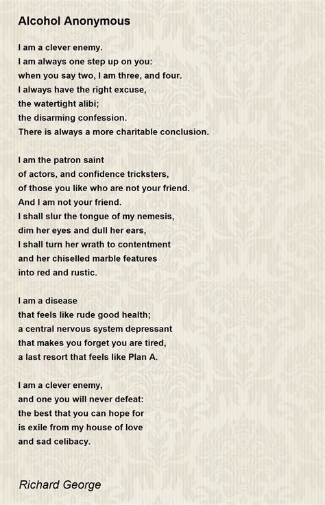 Alcohol Anonymous - Alcohol Anonymous Poem by Richard George