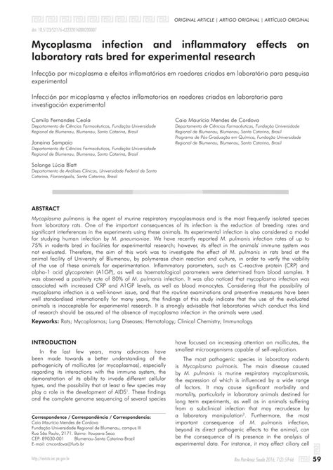 Pdf Mycoplasma Infection And Inflammatory Effects On Laboratory Rats