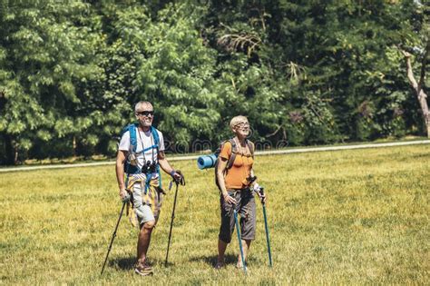 Couple Hiking In Forest Wearing Backpacks And Hiking Poles Nordic Walking Trekking Stock Image