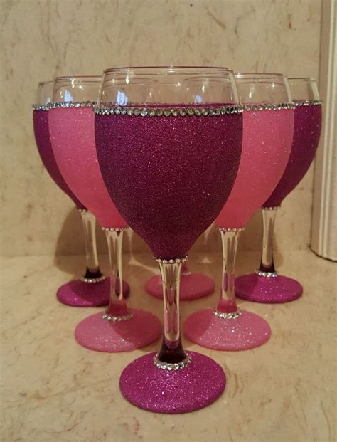 6 Pink Glitter Wine Glasses Decorated Wine Glasses Wine Glass Crafts Glitter Wine Glasses Diy