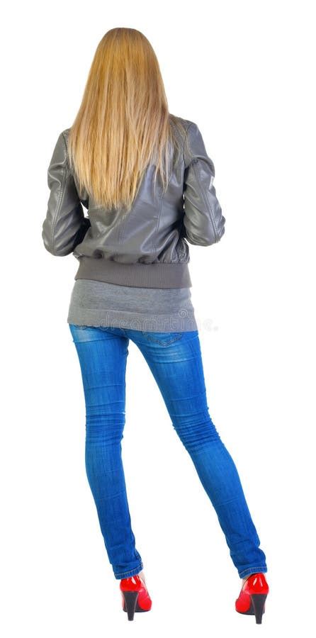Back View Of Standing Beautiful Blonde Young Woman Stock Photo Image