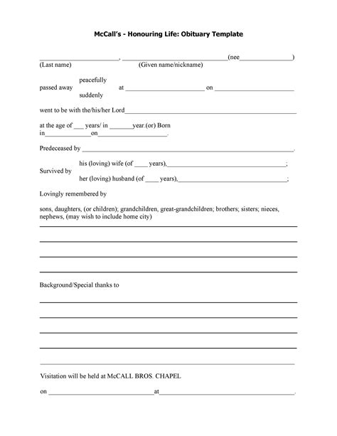 Editable Obituary Template Free - Printable Templates