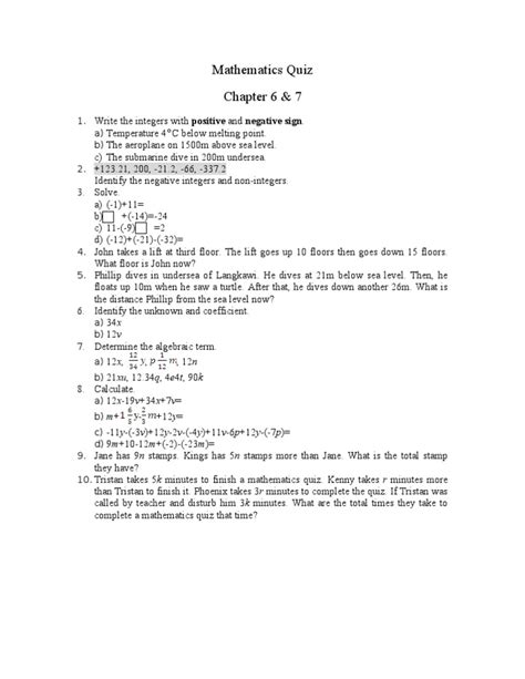 Form 1 maths questions pdfall education. Mathematics Form 1 Chapter 6 & 7 Quiz