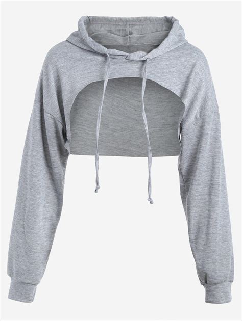 Cut Out Drawstring Crop Hoodie In Gray Zaful 2023