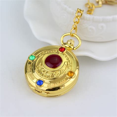 Luxury Golden Fashion Sailor Moon Necklace Anime Cartoons Quartz Pocket