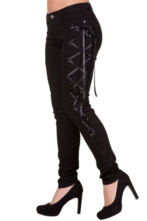 Gothic Rockabilly Steampunk Black Side Corset Skinny Jeans Pants Black