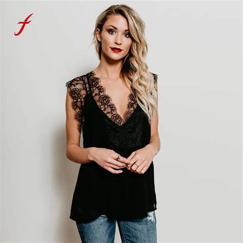 Feitong Women Lace Sleeveless Splice Patchwork Tops Sexy V Neck Hollow T Shirt Chiffon Top
