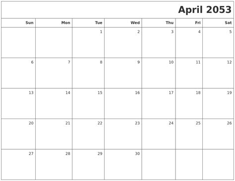 April 2053 Printable Blank Calendar