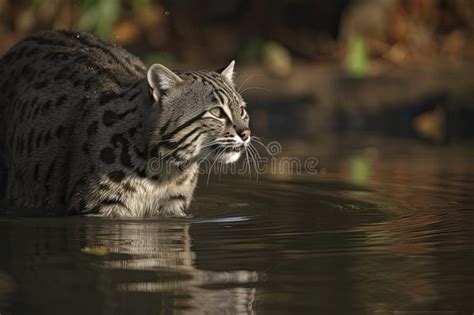 Gato De Pesca Prionailurus Viverrinus Adulto De Pie En El Agua Pescando