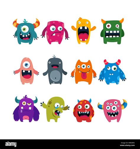 Set Of Cartoon Cute Monsters Flat Vector Illustration Stock Vector