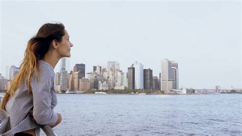 Happy Smiling European Woman With Flying Hair Enjoying Famous Manhattan