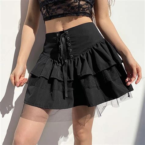 Womens Skirt Sweet High Waist Lace Up Stitching Tulle Skirt Summer Street Style Lady Mini