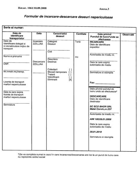 Formular de Incarcare Descarcare Deseuri Nepericuloase | PDF