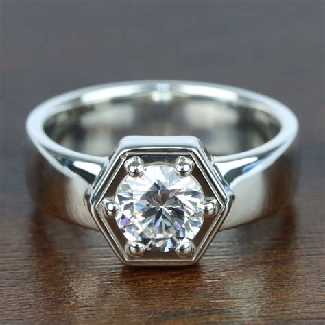 Mens White Gold Diamond Band Ring Hexagon Design