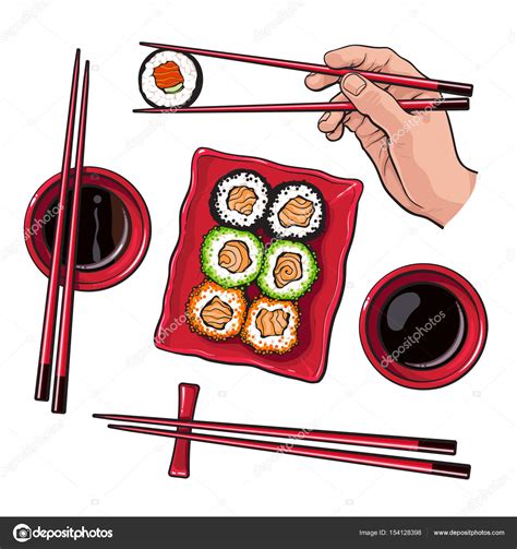 Set De Sushi Japonés Plato De Servir Palillos De Mano Ilustración De