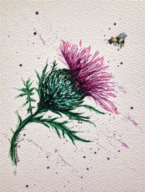 Watercolour Of A Scottish Thistle With Bee Possible Tattoo Idea