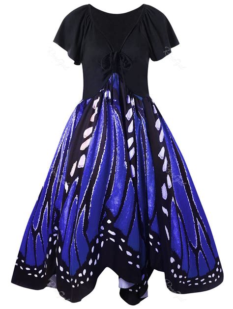 Blue 5xl Plus Size Low Cut Butterfly Print Swing Dress