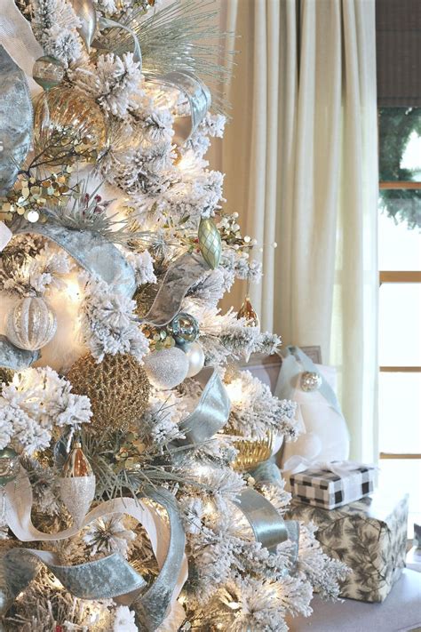 Elegant Flocked Christmas Tree With Velvet Ribbon And Metallic Ornaments