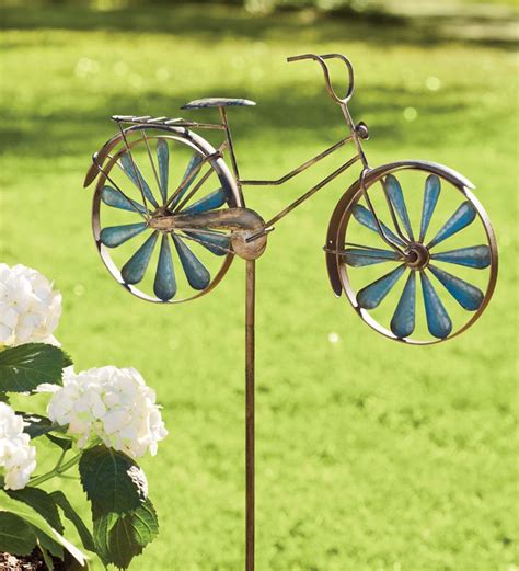 Metal Bicycle Wind Spinner Garden Stake Blue Plowhearth