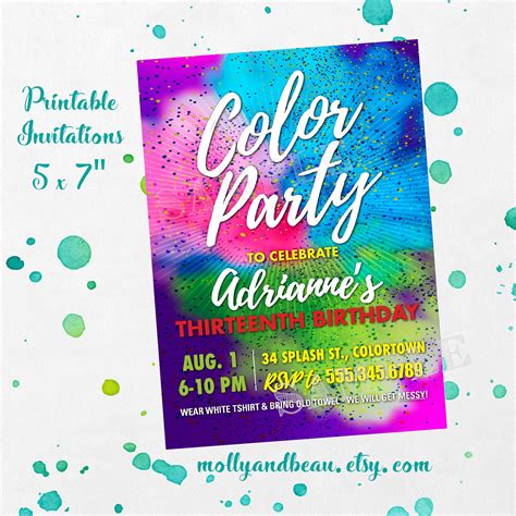 Color Party Invitation Color Birthday Party Printable Etsy