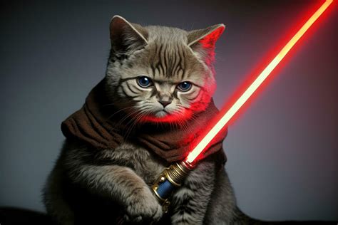 Dark Side Jedi Cat Holding Red Light Saber Illustration Generative Ai