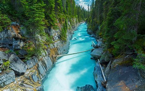تحميل خلفيات نهر الجبل الجليدية المياه الصخور الغابات كندا أمريكا