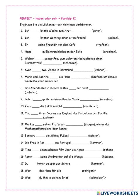 Perfekt Haben Oder Sein Partizip Ii A2 B1 Worksheet Learn