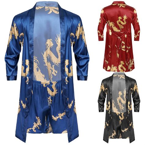 Mens Satin Robe Shorts Dragon Luxurious Silk Spa Long Sleeve Kimono Bathrobe Ebay