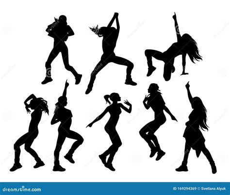 Female Hip Hop Dancers Black And White Vector Silhouette Set