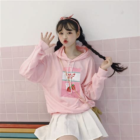 Womens Sweatshirts Vintage Thick Ulzzang Sweet Strawberry Loose Harajuku Sweatshirt Female