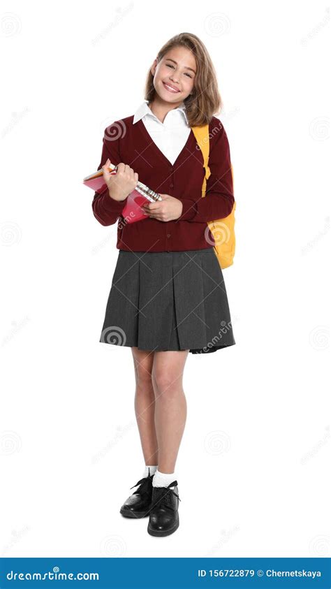 Happy Girl In School Uniform On White Stock Image Image Of Schoolgirl