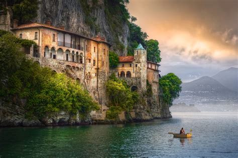 Italy Hermitage Cliff Clouds Mountain Boat Trees