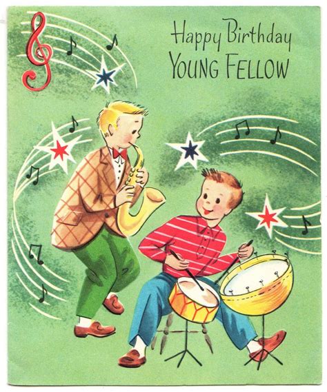 1950s Vintage Birthday Greeting Card With Teen Boys Playing Music In A