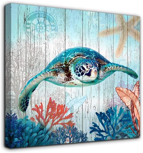 Bathroom Decor Sea Turtle Canvas Wall Art Ocean Beach Coast Theme