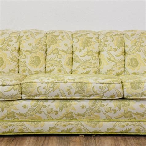 Long Beige And Green Floral Paisley Print Sofa Loveseat Vintage