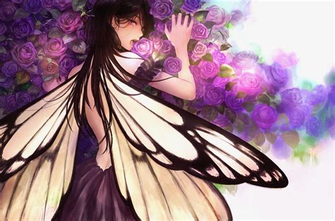 Anime Original Girl Wings Flower Rose Purple Long Hair