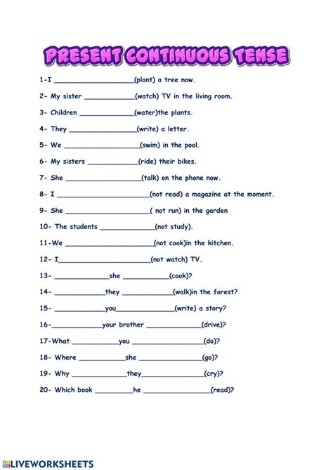 The Present Continuous Tense Worksheet Is Shown In Pink And Blue With