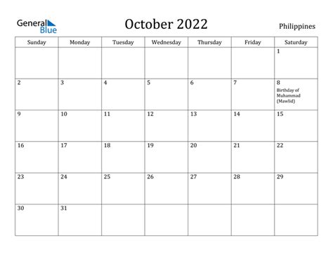 Philippines October 2022 Calendar With Holidays