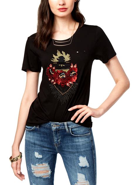 GUESS - Guess Womens Distressed Short Sleeves Graphic T-Shirt Black L 