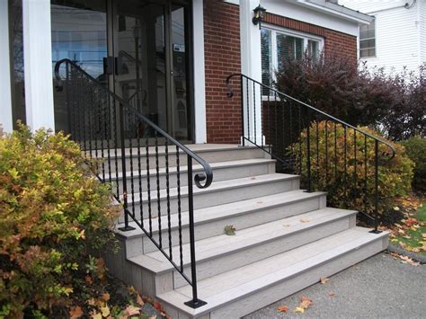 Simple Patio Stair Outdoor Railing Designs Using Black Wrought Iron