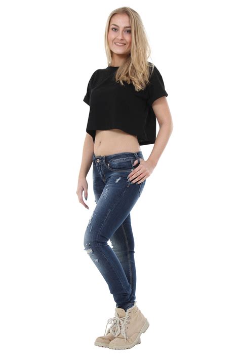 Low Rise Ripped Jeans With Diamante Detail Skinny Fit Dark Blue Glamour Outfitters