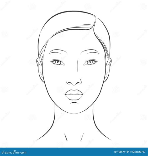 Asian Woman Face Black And White Line Sketch Front Portrait Stock