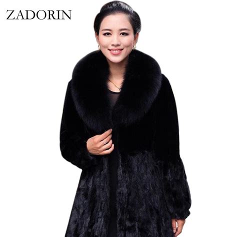 New Winter Women Faux Rabbit Fur Coat With Fox Fur Collar Luxurious Long Fur Jacket Black