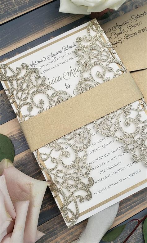 Gold Glitter Laser Cut Wedding Invitations Elegant Winter