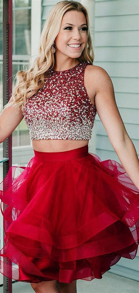 Two Piece Beading Top Red Tulle Fashion Homecoming Dresses Bd0196 Homecoming Dresses Two